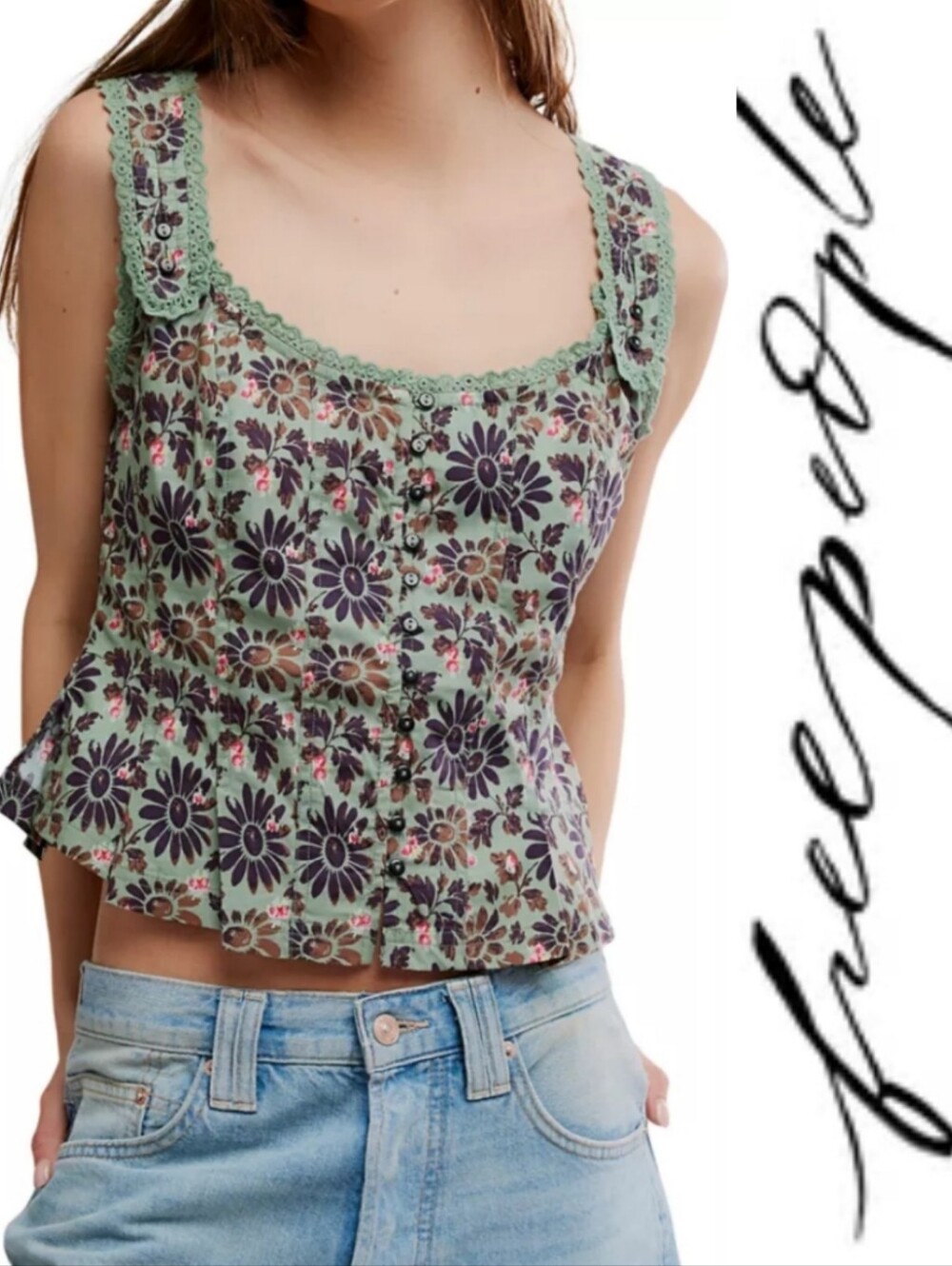 NWOT Free People Bridgette Corset Top, Floral, Green, Purple, Brown